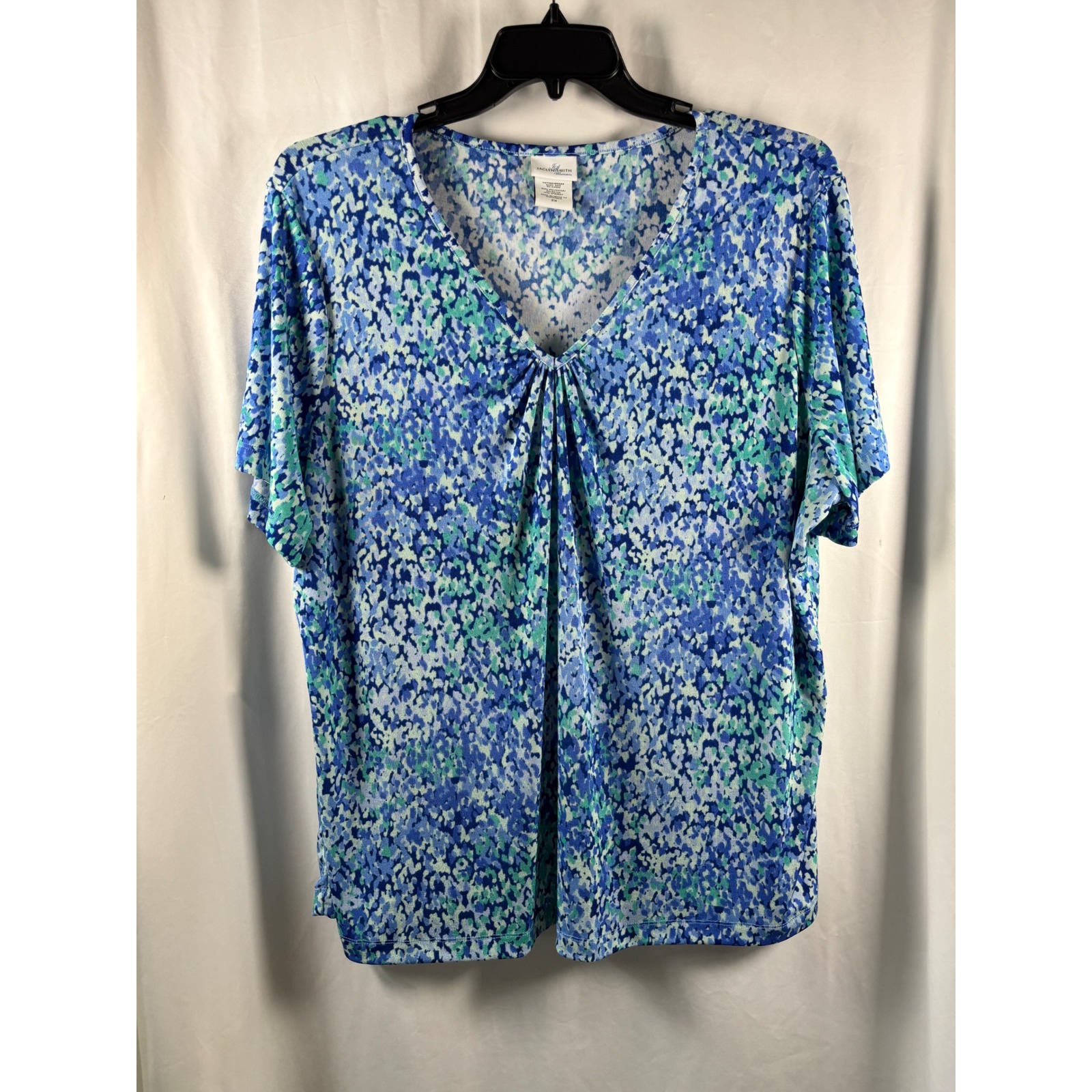 Jaclyn Smith Woman Blue Green Abstract Mosaic V-Neck Pleated Top Plus Size 2x